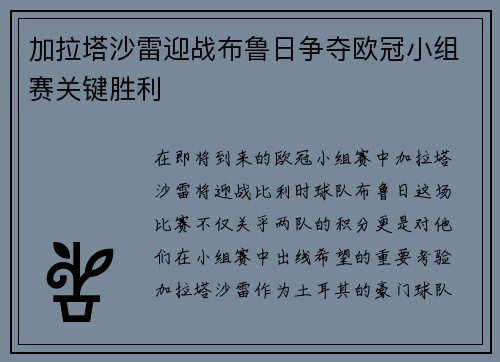 加拉塔沙雷迎战布鲁日争夺欧冠小组赛关键胜利