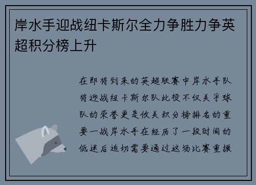 岸水手迎战纽卡斯尔全力争胜力争英超积分榜上升